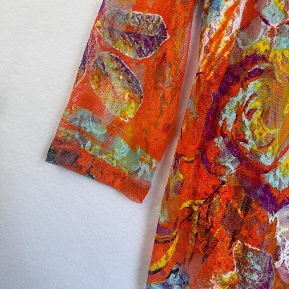 Multiples top blouse women XL sheer orange multicolor lace 3/4 sleeve colorful - Picture 2 of 5